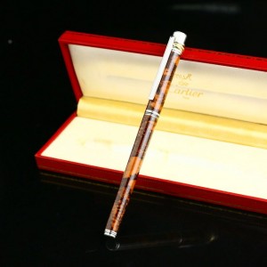 卡地亚Cartier棕色岩浆纹三色金钢笔盒装
